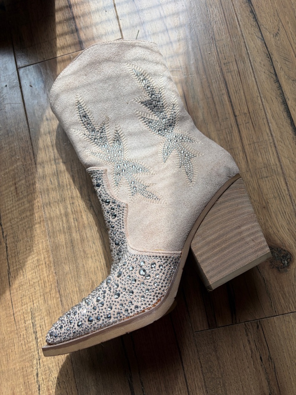 Very G Beige Suede Crystal Embellished Western Ankle Boot